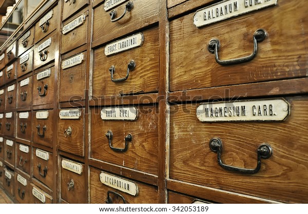 Old Vintage Pharmacy Cabinet Closeup Stock Photo Edit Now 342053189