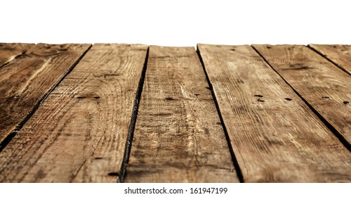 Old Vintage Planked Wood Table In Perspective On White Background