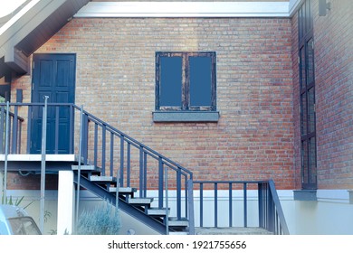 Old And Vintage Red Brick Wall With Windows Fram.
