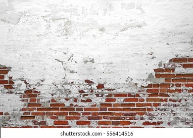 Old Vintage Red Brick Wall With Crashed White Plaster Texture Background. 