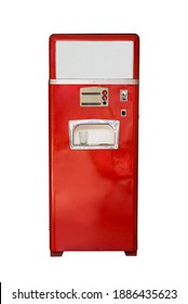 Old Vintage Red Soda Machine Isolated On White Background. Red Soda Vending Machine. Front View.