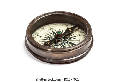 Old Vintage Retro Brass Compass Isolated