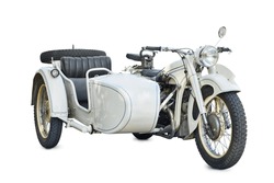 Old Vintage Road Motorcycle With Sidecar Isolated White Background