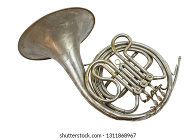 Old Vintage Silver French Horn On A White Background, Isolated