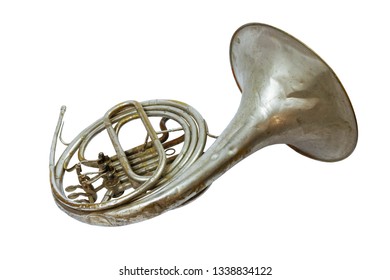 Old Vintage Silver French Horn On A White Background, Isolated