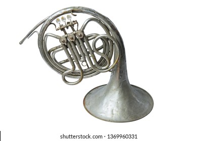 Old Vintage Silver French Horn On A White Background, Isolated