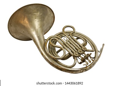 Old Vintage Silver French Horn On A White Background, Isolated