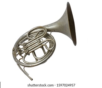 Old Vintage Silver French Horn On A White Background, Isolated