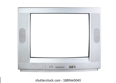 Old Vintage Silver TV 1980s, 1990s, 2000s With White Screen Isolated On White Background.