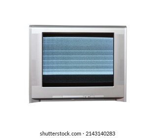 Old Vintage Silver TV Set From 1980s, 1990s, 2000s With Noise And Interference On The Screen Isolated On White Background.