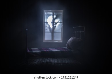 Old Vintage Single Bed At Night . A Realistic Dollhouse Bedroom With Furniture And Window. Selective Focus