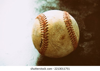 Old Vintage Sports Ball Shows Baseball Closeup With Copy Space On Background.