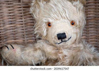 Old Vintage Teddy Bear, On A Cane Chair, Close-up 