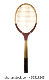 Old vintage tennis racket isolated on white
