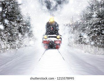 Old vintage train in the snow. Winter snow forest train ride in winter snow forest. Fairy tale winter landscape 