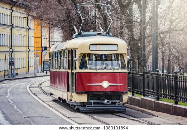 Old vintage tramway cars on the empty city\
street. Moscow. Russia.