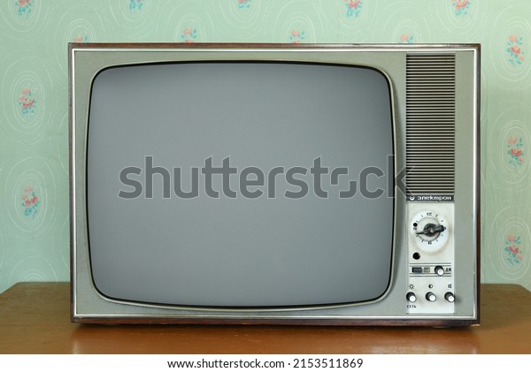 Old vintage TV in a room with vintage
wallpaper. Interior in the style of the
1960s.