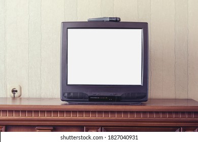 Old Vintage Tv Screen With Empty White Place For Mockup In Apartment Room Of Home Front View