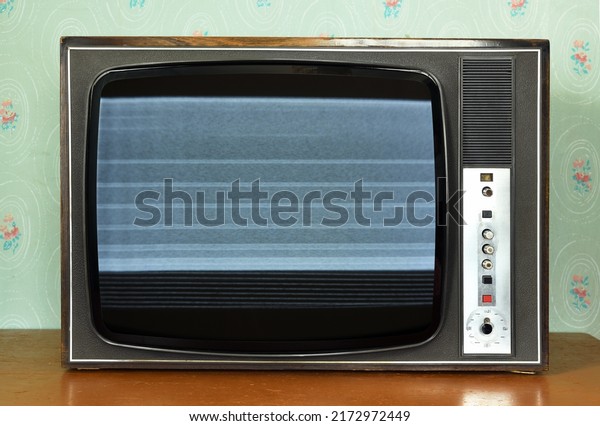 Old vintage TV with\
screen noise in a room with vintage wallpaper. Interior in the\
style of the 1960s.