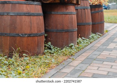 Old Vintage Wine Barrel Closeup. Texture Of A Wooden Barrel.