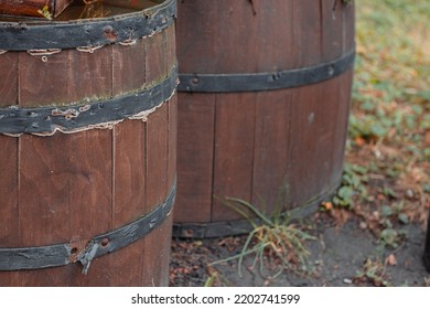 Old Vintage Wine Barrel Closeup. Texture Of A Wooden Barrel.