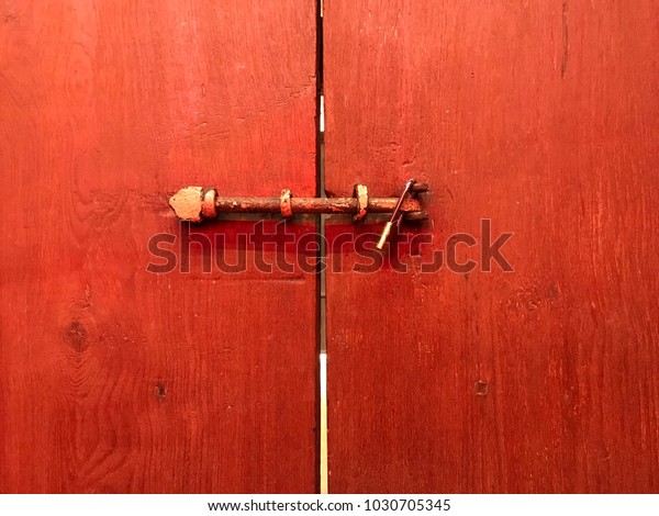 Old Vintage Wooden Red Door Locked Stock Photo Edit Now 1030705345