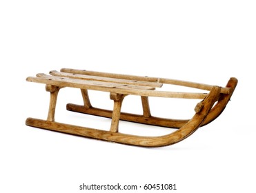 Old Vintage Wooden Sled On White