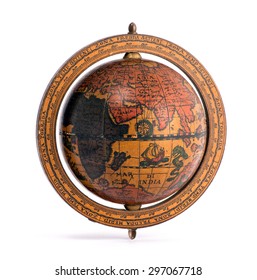 Old vintage wooden world globe showing the continents and sailing ships for planning a world tour, geography, navigation and travel isolated on white