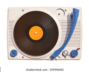 Old Vinyl Turntable Player With Record Isolated On A White Background