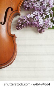 Old Violin and lilac flowers  on white paper notes background. Stringed musical instrument. Close up, top wiev, Love spring background. 