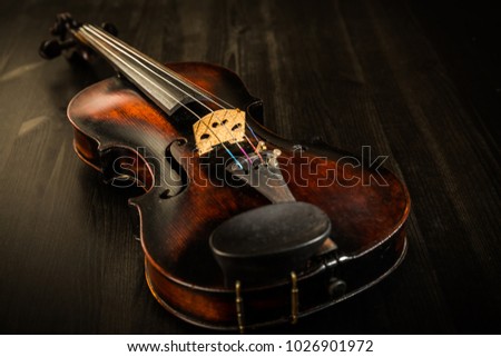Old violin in vintage style on wood background