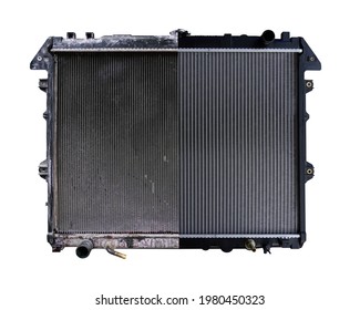 Old VS NEW Car Aluminum Radiator Cooling Panel Unpacking New For Car Maintenance Service Isolated On White Background. This Has Clipping Path.                        