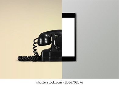 Old Vs New Technology. Retro Phone And Modern Smartphone