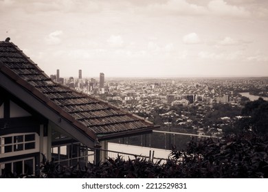 Old Vs New View Of City Over Old House On Hill