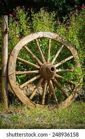 An old wagon wheel displayed as a garden decoration