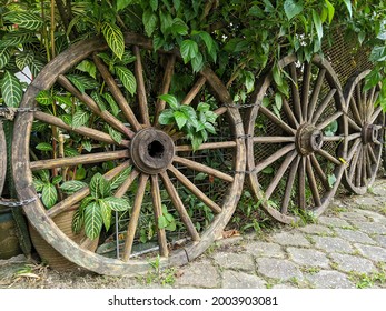 Old wagon wheel for fence decoration. Unique and beautiful.
