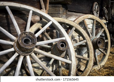 old wagon wheels at a farm