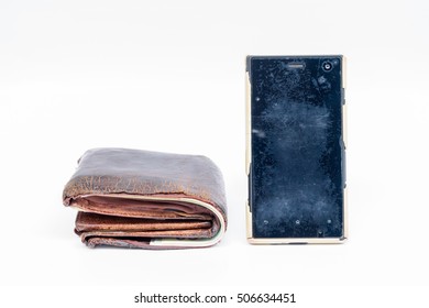 Old Wallet Brown Leather And Dirty Smart Phone On White Background