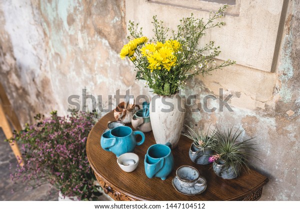 Old Walls Vases Antique Wooden Table Stock Photo Edit Now 1447104512