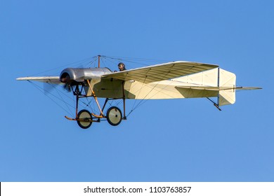 OLD WARDEN, BEDFORDSHIRE, UK – MAY 6, 2018: 1912 Blackburn Monoplane Type D, the oldest British flying aeroplane, carries out a display at Old Warden during the Premier and 100 Years of RAF airshow.
