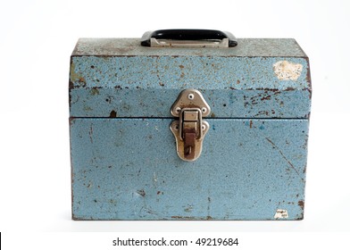 Old Warn Blue Metal Tool Box On White