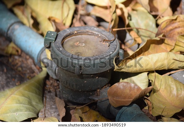 Old water consumption meter in the middle of the\
leaf pile.