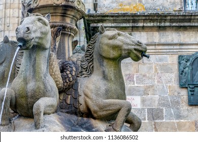 Old Water Fountain With Horse Statues In Old Town Santiago De Compostela, Spain.