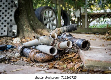 Old Water Pipes Laying Outside A Houston Home After Hurricane Harvey 