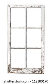 Old weathered 6 pane window isolated on white