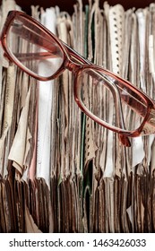 Old Weathered Index Cards (card File)  With Glasses. Cards Is Stained And Worn In Places.