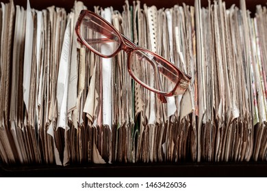 Old Weathered Index Cards (card File)  With Glasses. Cards Is Stained And Worn In Places.