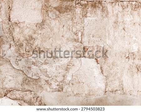 Old weathered plaster wall texture with cracked surface and peeling paint. Beige cream rustic stone background with exposed brick detail, high resolution background for interior, vintage, farmhouse, and overlay design concept.