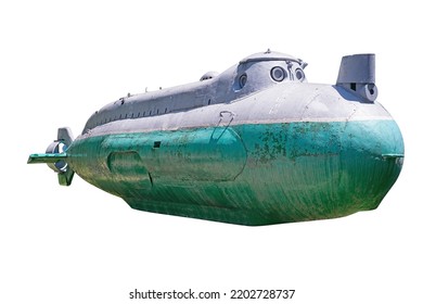 Old weathered small submarine. Old bathyscaphe Isolated on white, clipping path included
