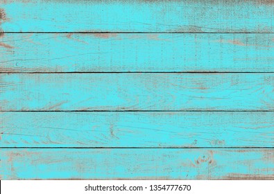 Old Weathered Wooden Plank Painted In Turquoise Blue Color. Vintage Beach Wood Background.